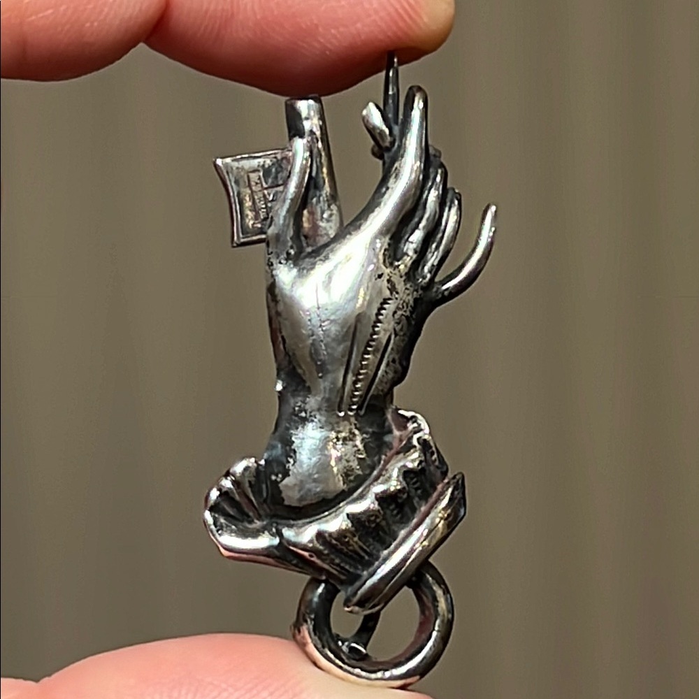 Antique Victorian Sterling Silver Hand Holding Key Brooch Pin